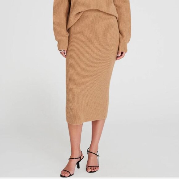 CLUB MONACO Cashmere Ribbed Midi Skirt, camel, sz L - Picture 3 of 8